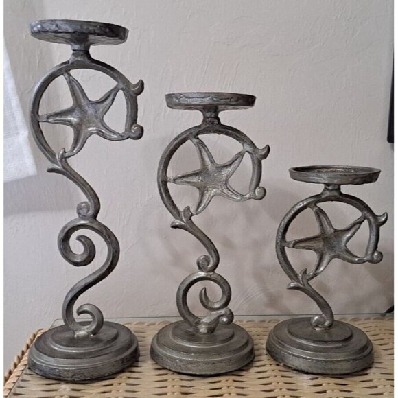 Set of 3 Sanibel Home Metal Graduated Height Pillar Candle Holders Starfish - Picture 3 of 9